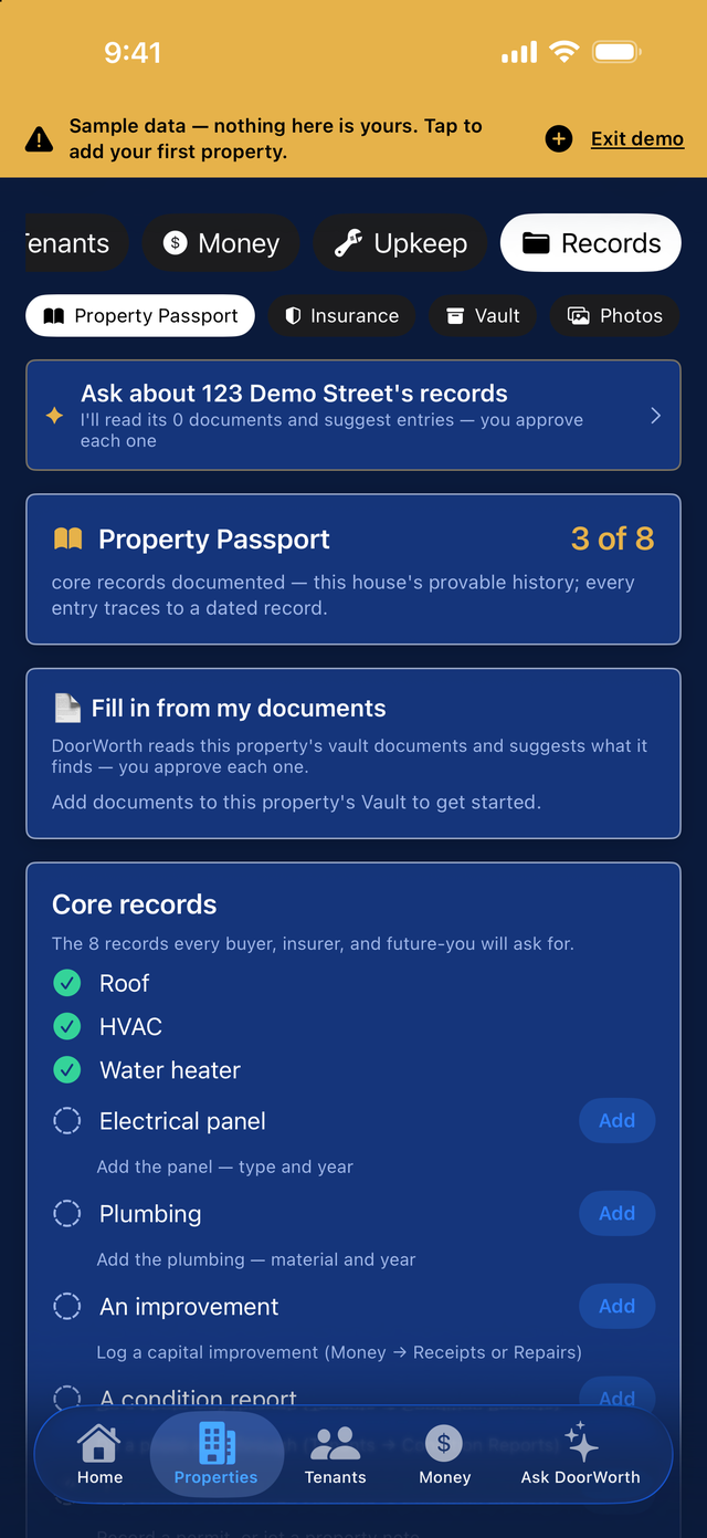 A property's Records tab — value, debt and equity up top, then the Property Passport with its core records