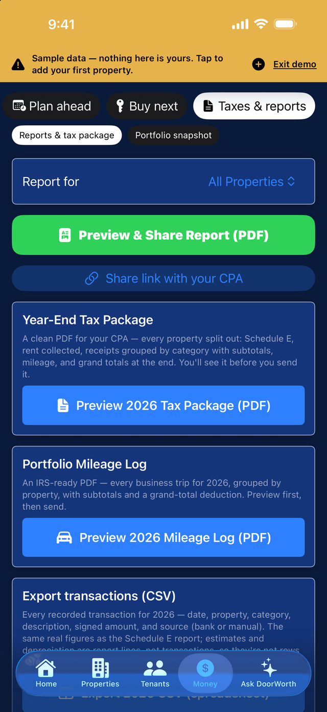 Taxes & reports — the report picker, PDF preview and share, the CPA share link, the year-end tax package, the mileage log and CSV export